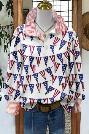 Chic Stars Patriotic Day Print Puff Sleeve Blouse