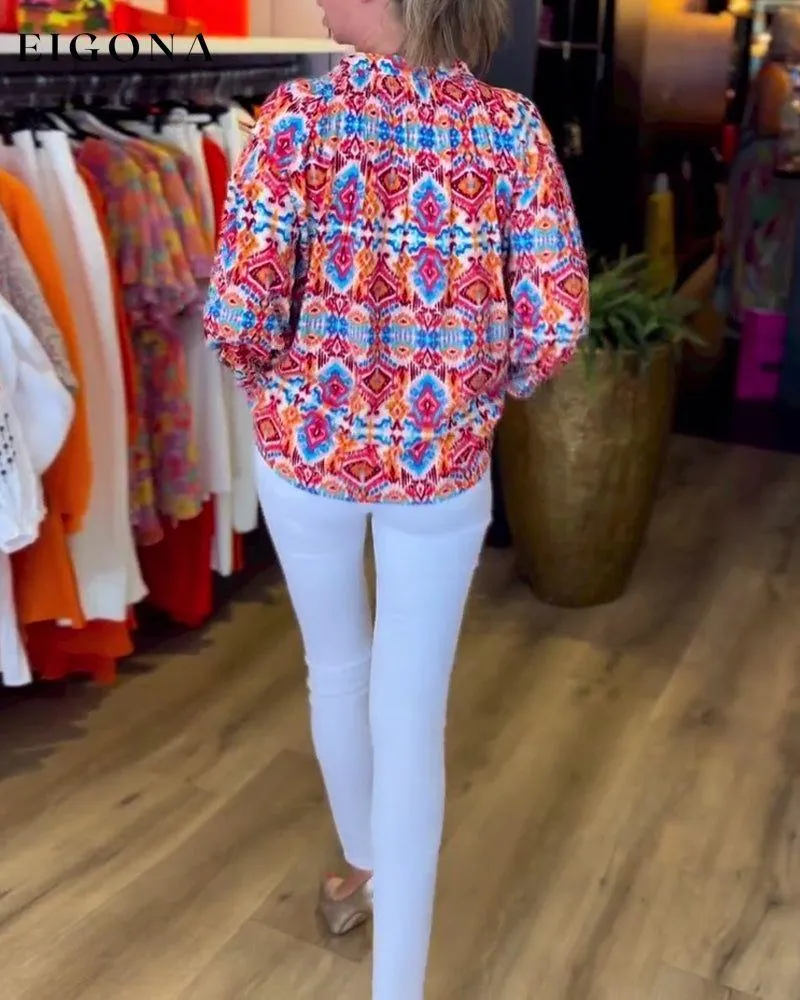 Colorful printed v-neck long-sleeve top