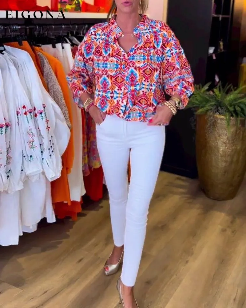 Colorful printed v-neck long-sleeve top