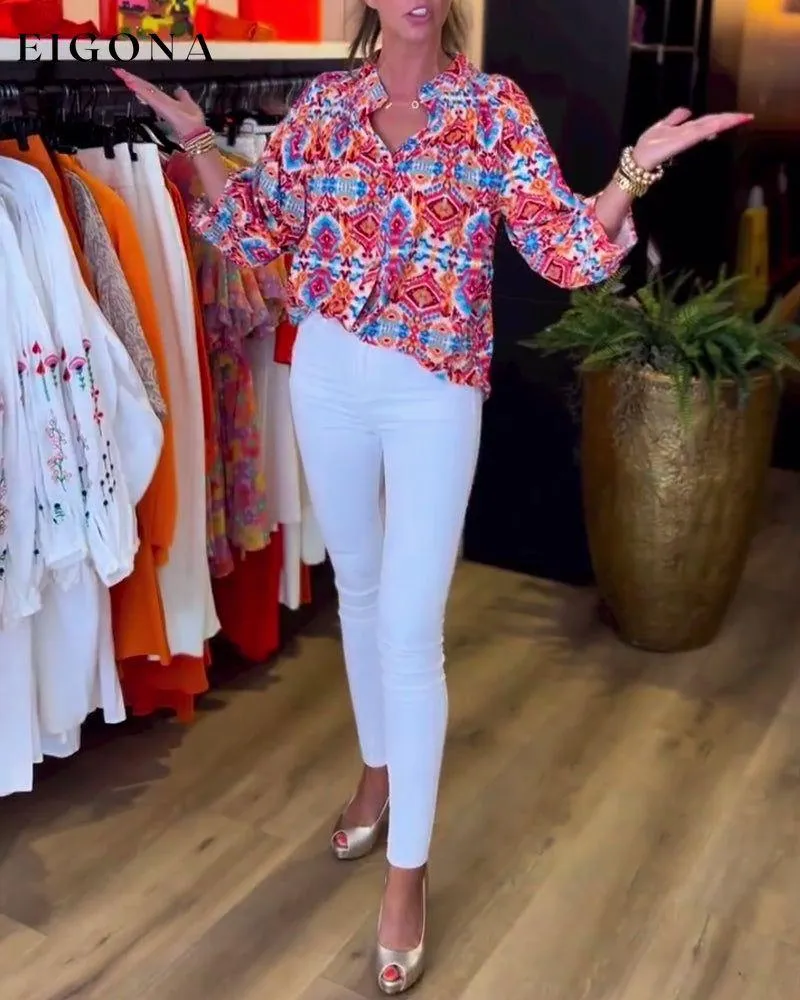 Colorful printed v-neck long-sleeve top