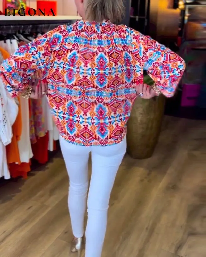 Colorful printed v-neck long-sleeve top