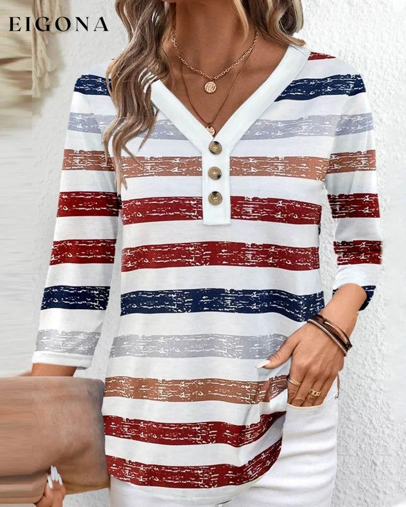 Colorful striped V-neck buttoned casual top