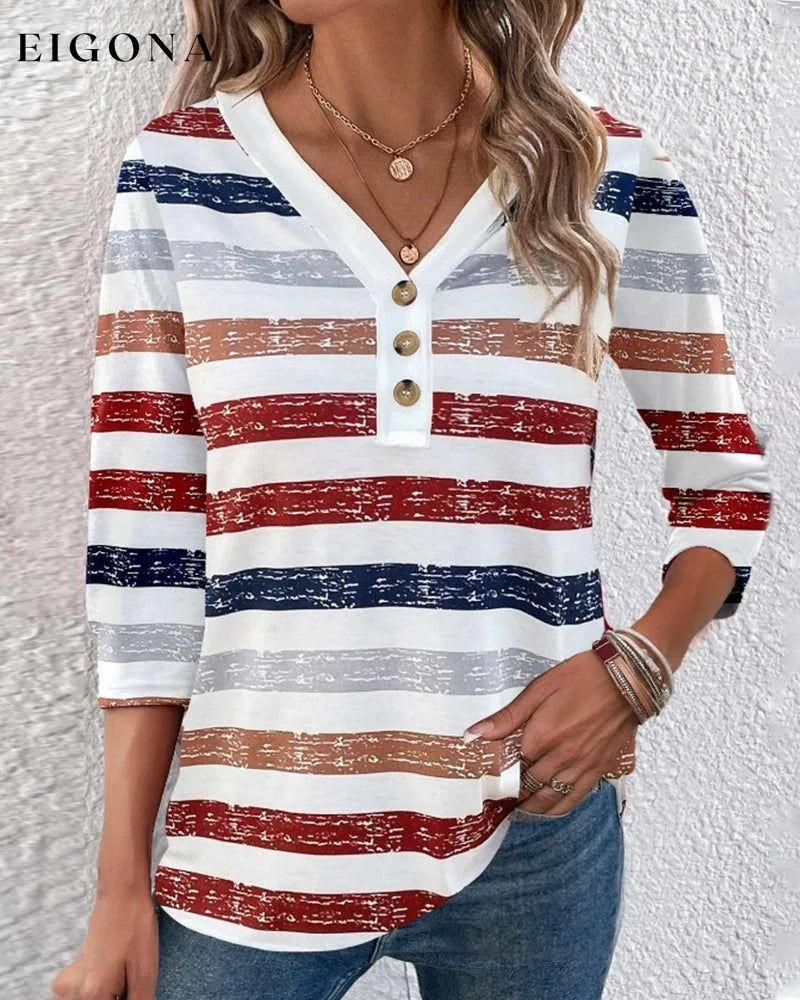 Colorful striped V-neck buttoned casual top