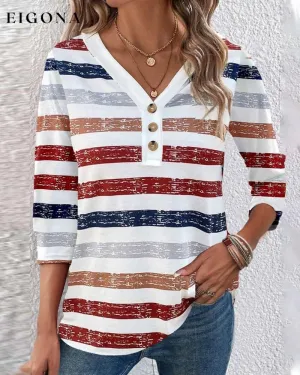 Colorful striped V-neck buttoned casual top