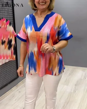 Colorful V-neck short-sleeved top