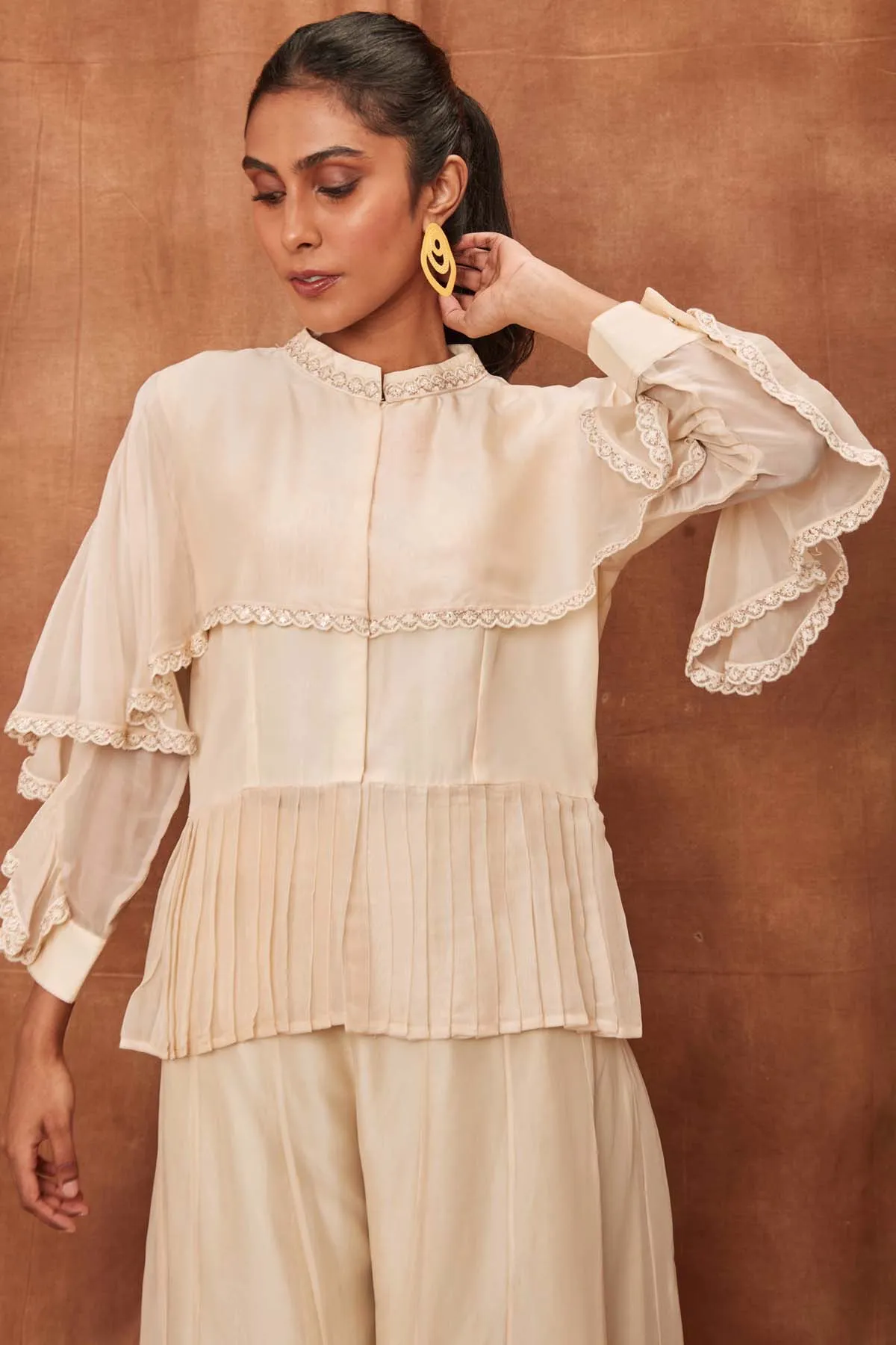 Cream Silk Top & Flowy Pants