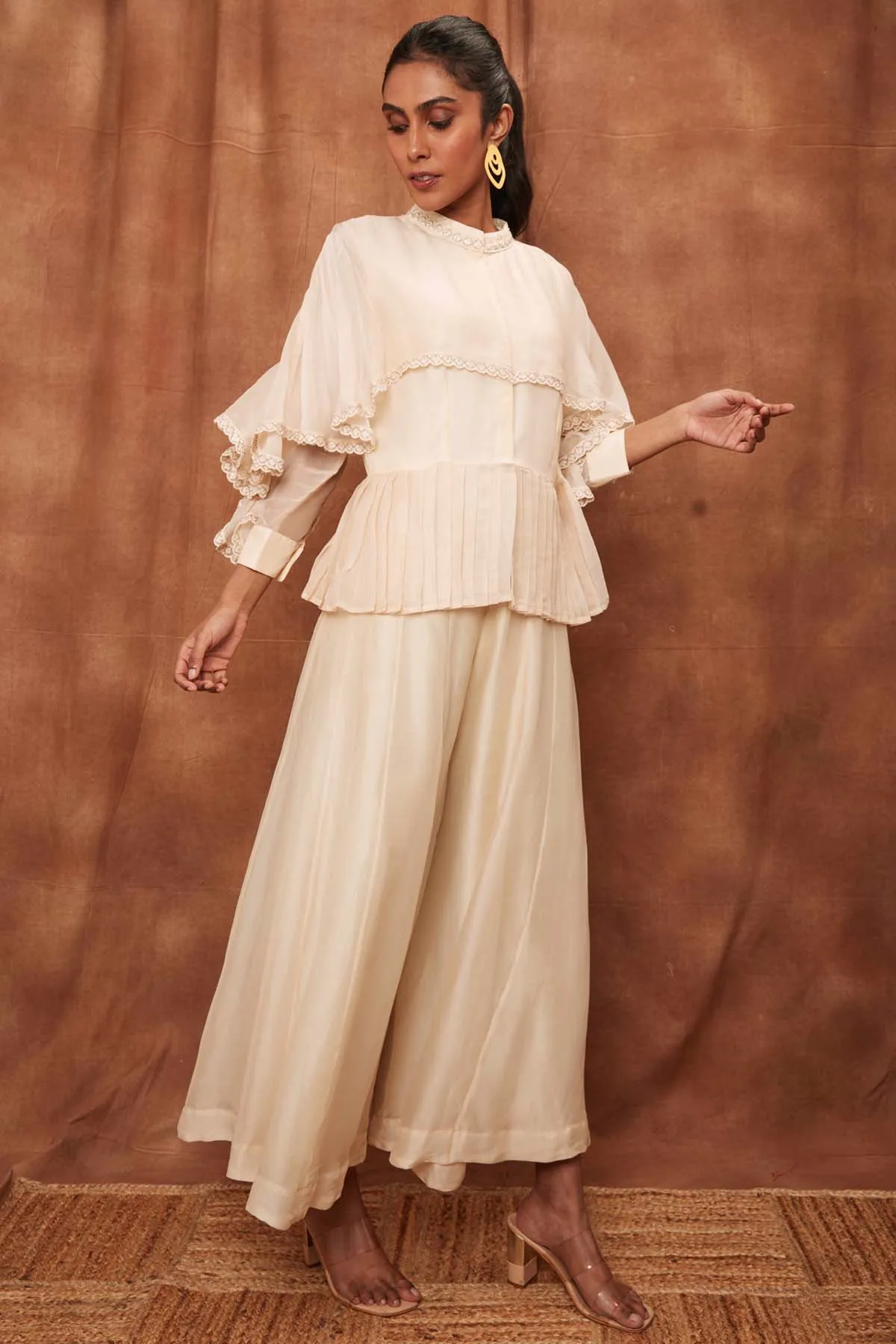Cream Silk Top & Flowy Pants