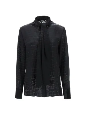 Crocodile Effect Tie Neck Blouse