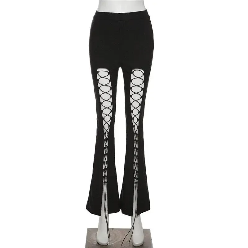 Dark Gothic Lace Up Flare Leg Open Pants