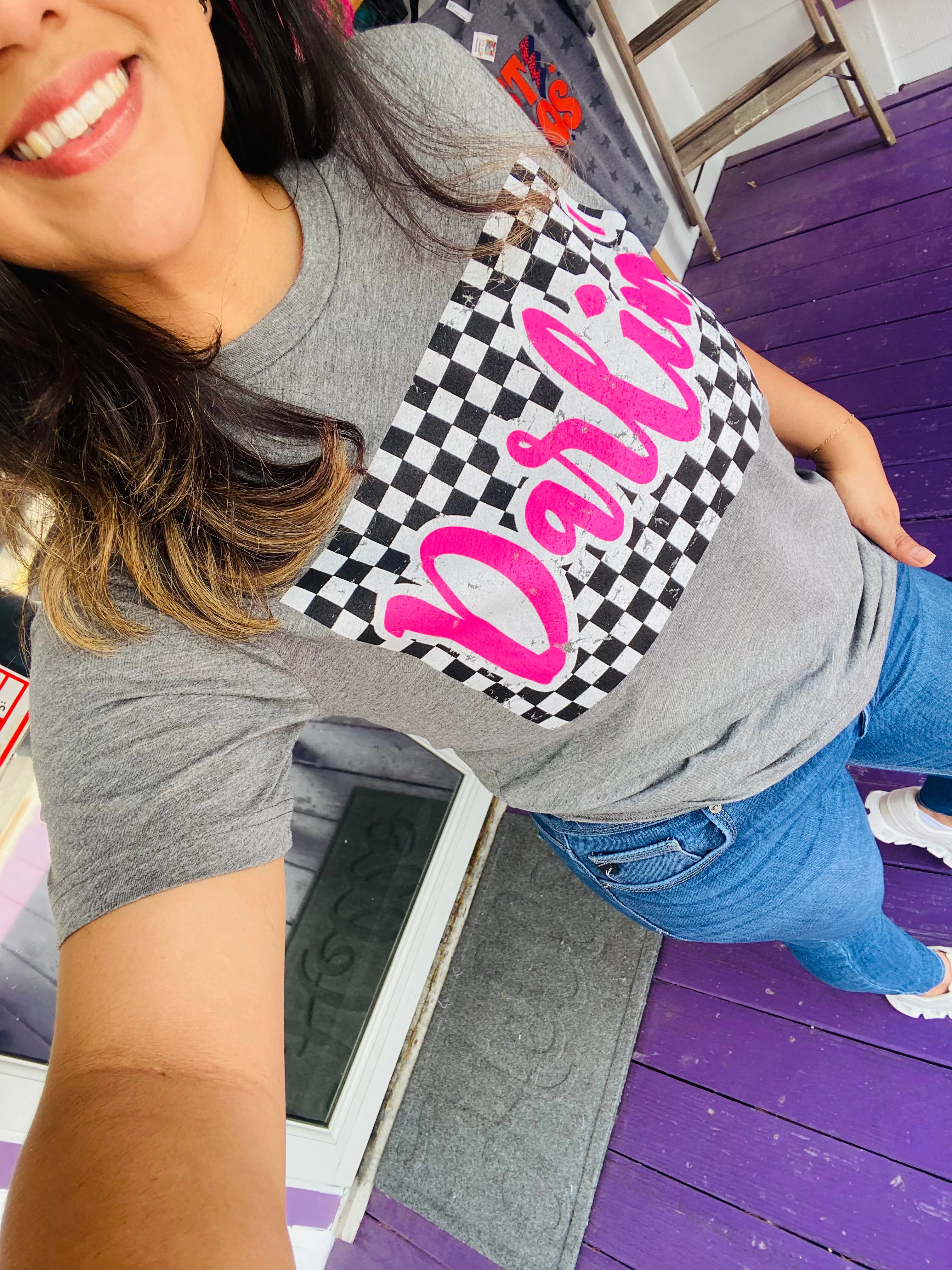 Darlin’ in checkered box tee