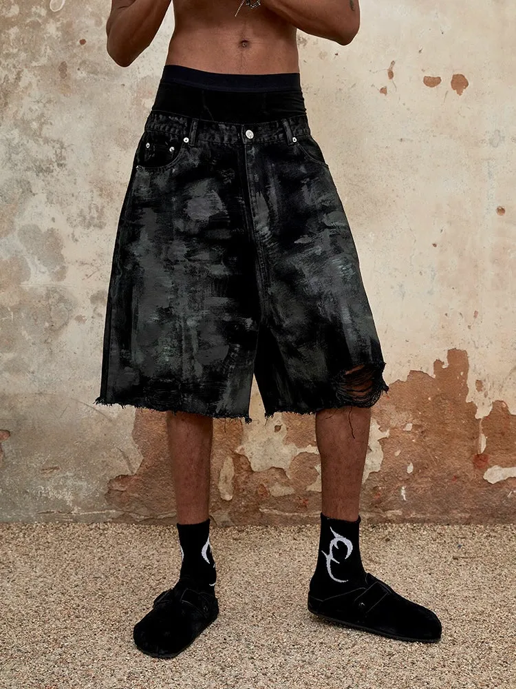 Distressed Black Denim Shorts