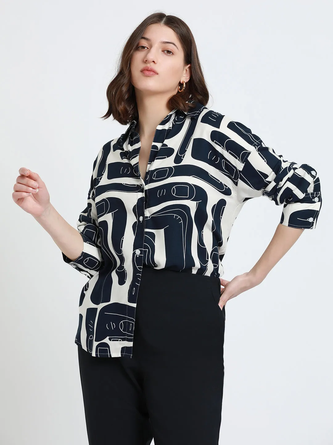 DL Woman Shirt Collar Regular Fit Abstract Print Navy Shirt