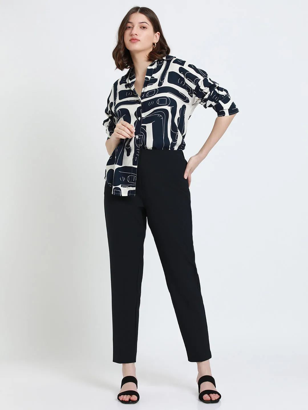 DL Woman Shirt Collar Regular Fit Abstract Print Navy Shirt