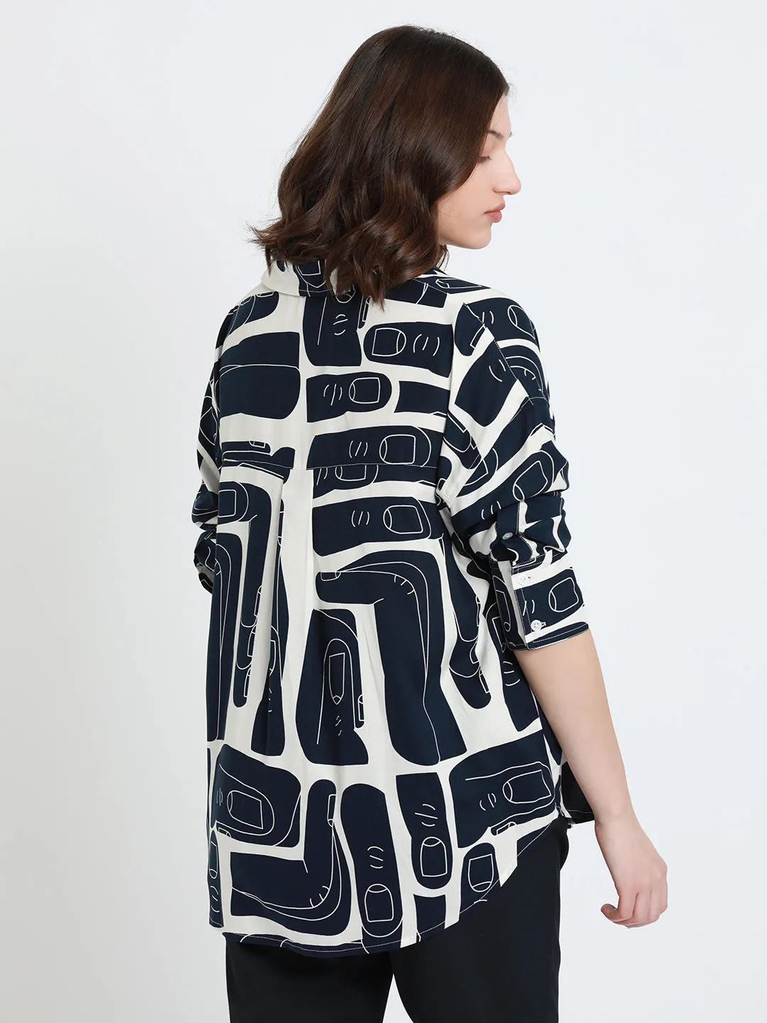 DL Woman Shirt Collar Regular Fit Abstract Print Navy Shirt