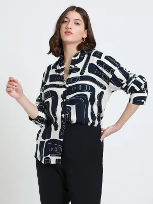 DL Woman Shirt Collar Regular Fit Abstract Print Navy Shirt