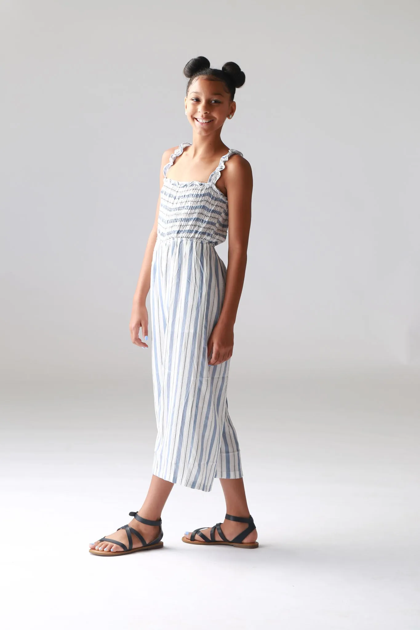 Dusty Blue Stripe Smocked Palazzo Jumper