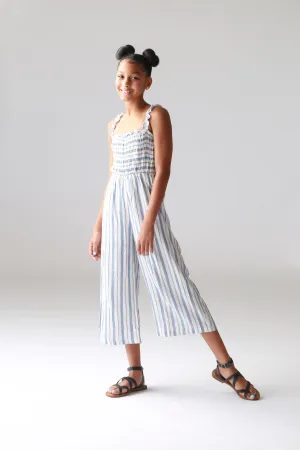 Dusty Blue Stripe Smocked Palazzo Jumper