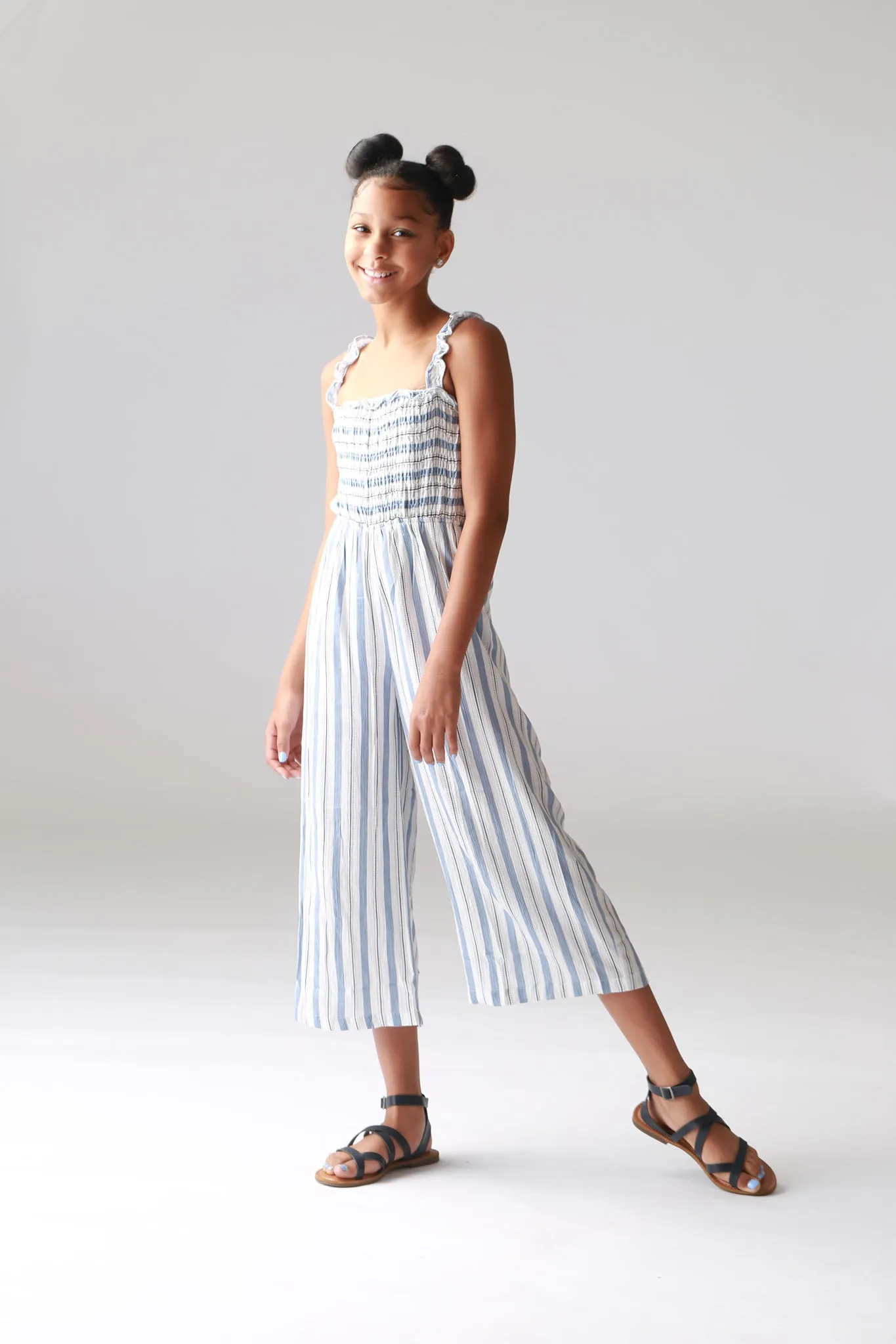 Dusty Blue Stripe Smocked Palazzo Jumper