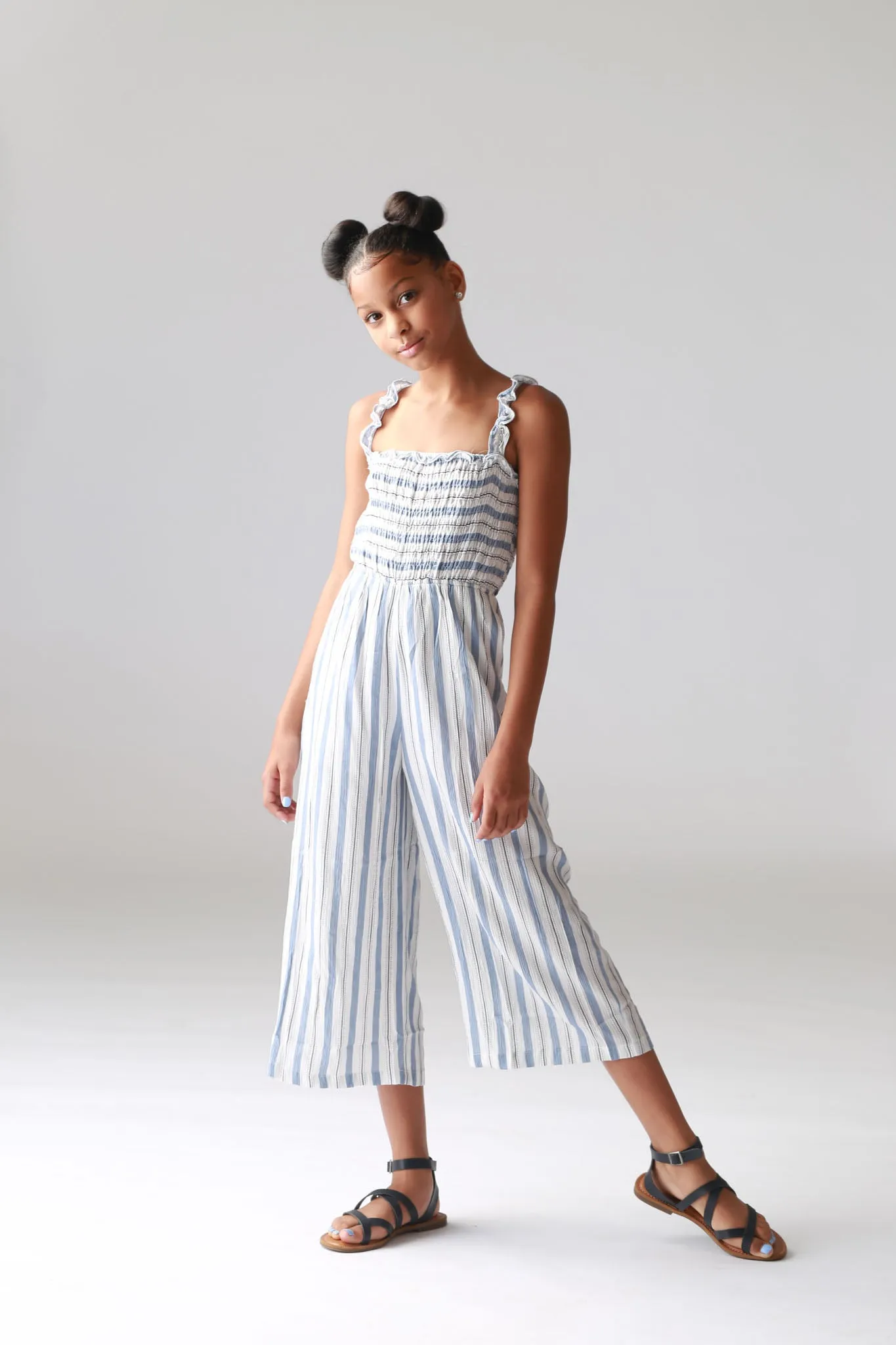 Dusty Blue Stripe Smocked Palazzo Jumper
