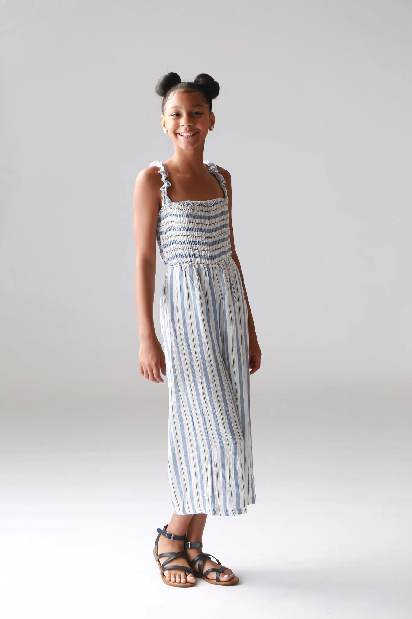 Dusty Blue Stripe Smocked Palazzo Jumper