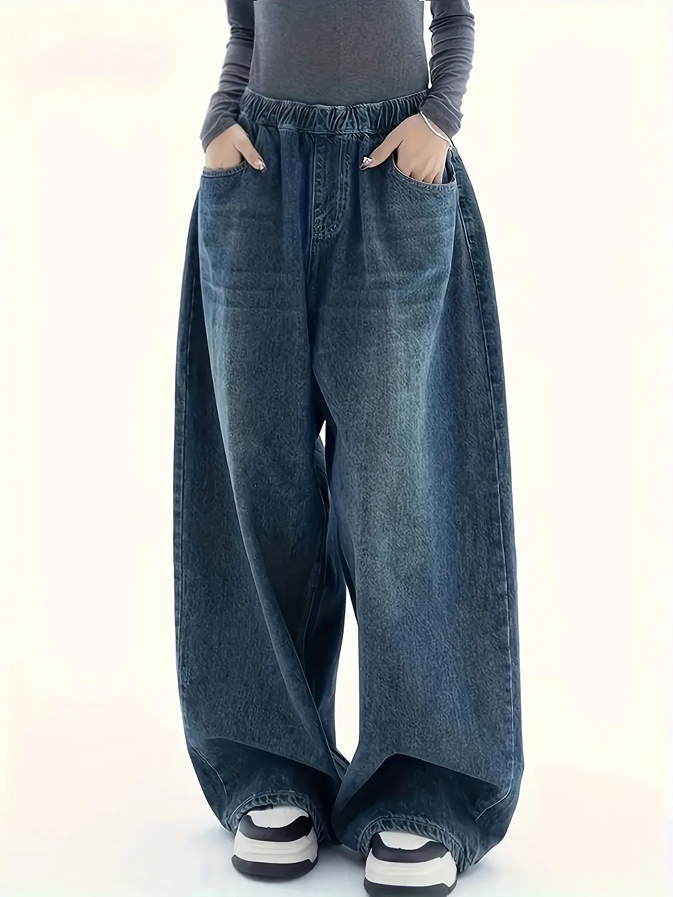Elastic Waistband Loose Wide Leg Jeans