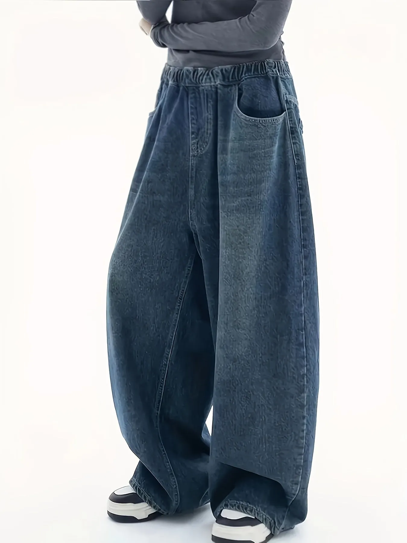 Elastic Waistband Loose Wide Leg Jeans