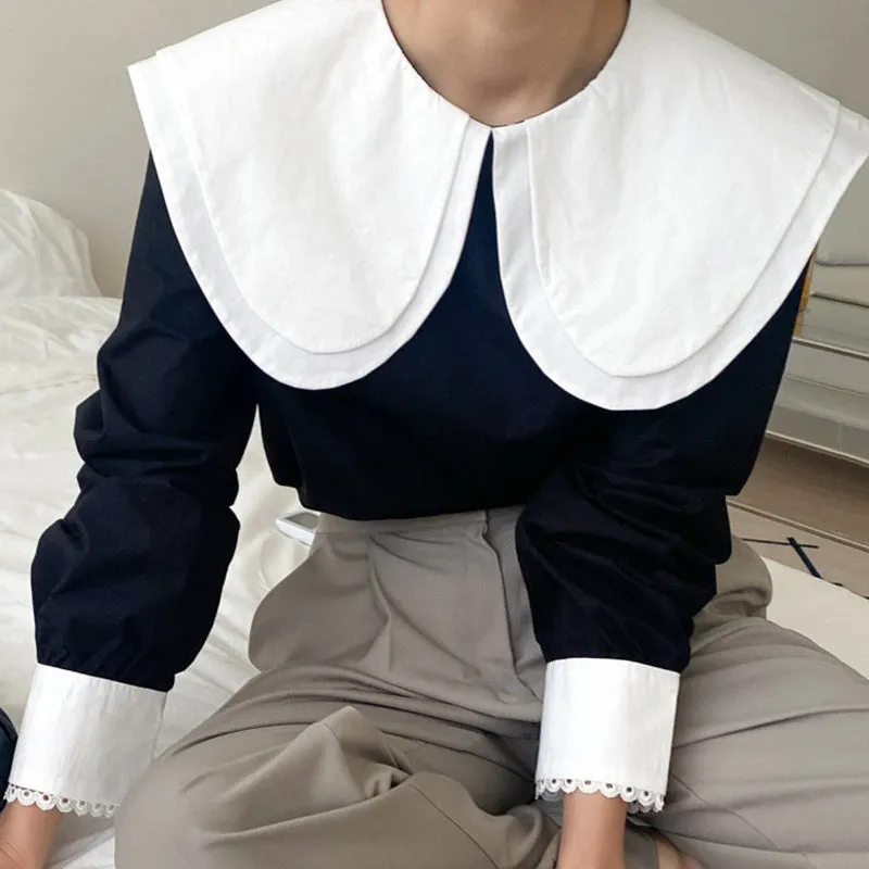 Elegant Hit Color Patchwork Blouse Chic Collar Puff Sleeve Shirts