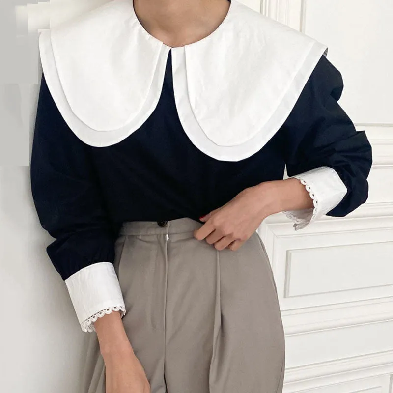 Elegant Hit Color Patchwork Blouse Chic Collar Puff Sleeve Shirts