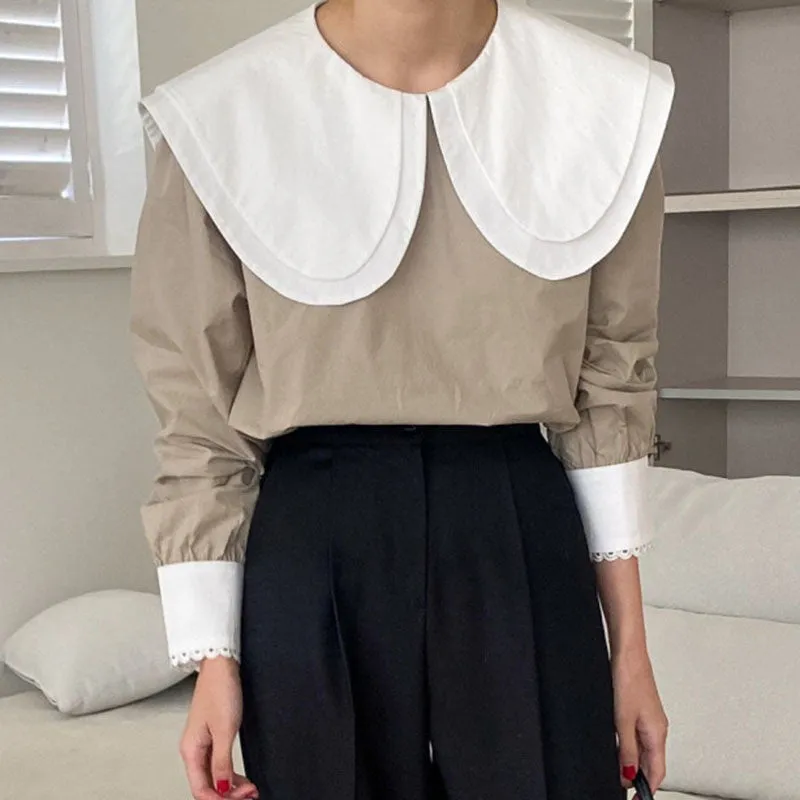 Elegant Hit Color Patchwork Blouse Chic Collar Puff Sleeve Shirts