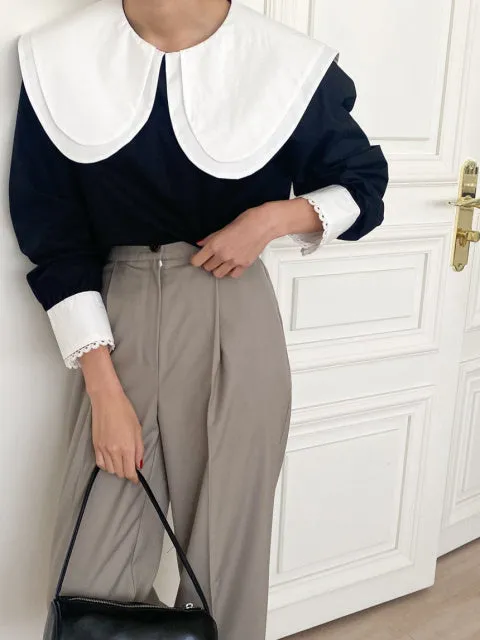 Elegant Hit Color Patchwork Blouse Chic Collar Puff Sleeve Shirts