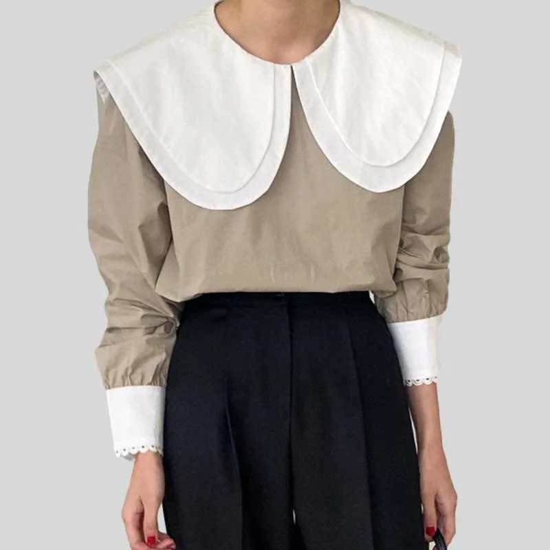 Elegant Hit Color Patchwork Blouse Chic Collar Puff Sleeve Shirts