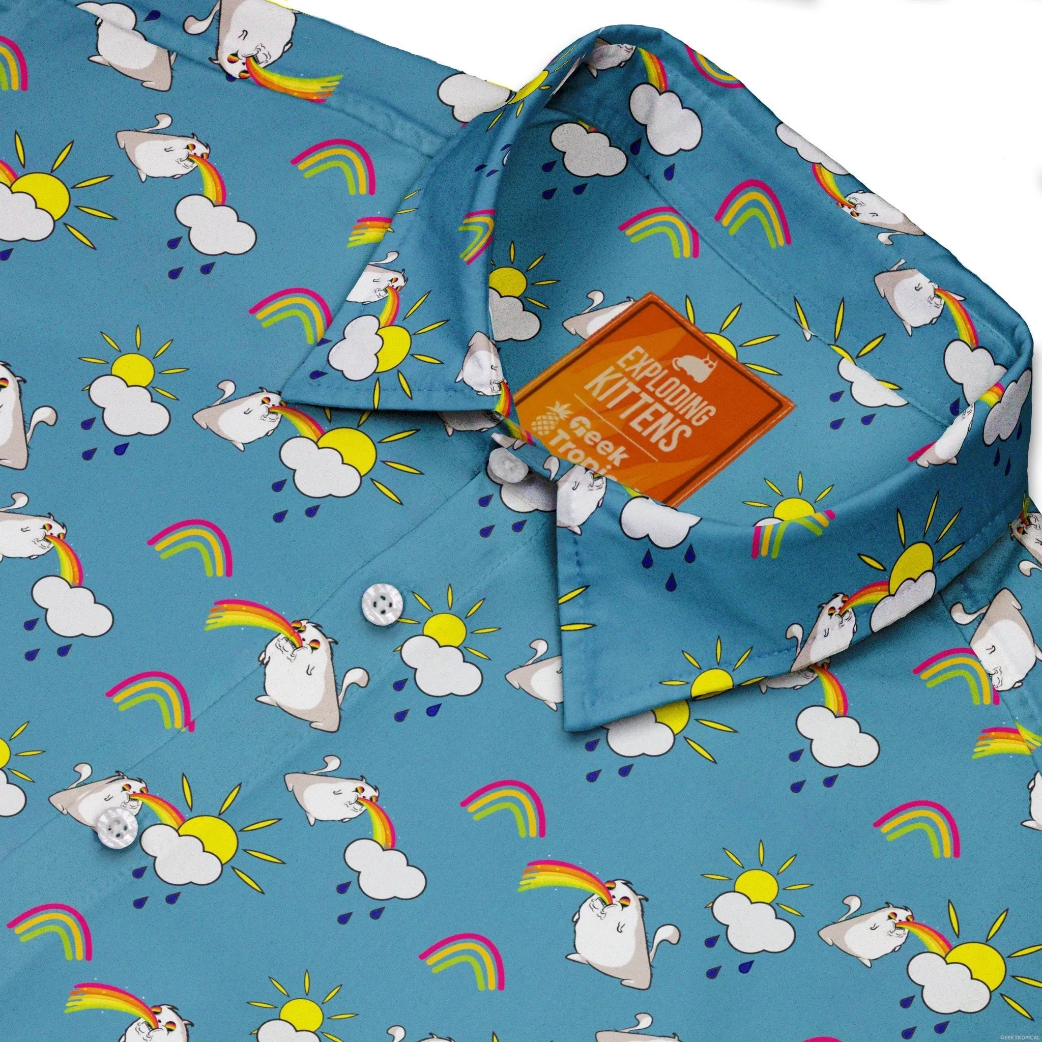 Exploding Kittens Rainbow Sky Cats Button Up Shirt