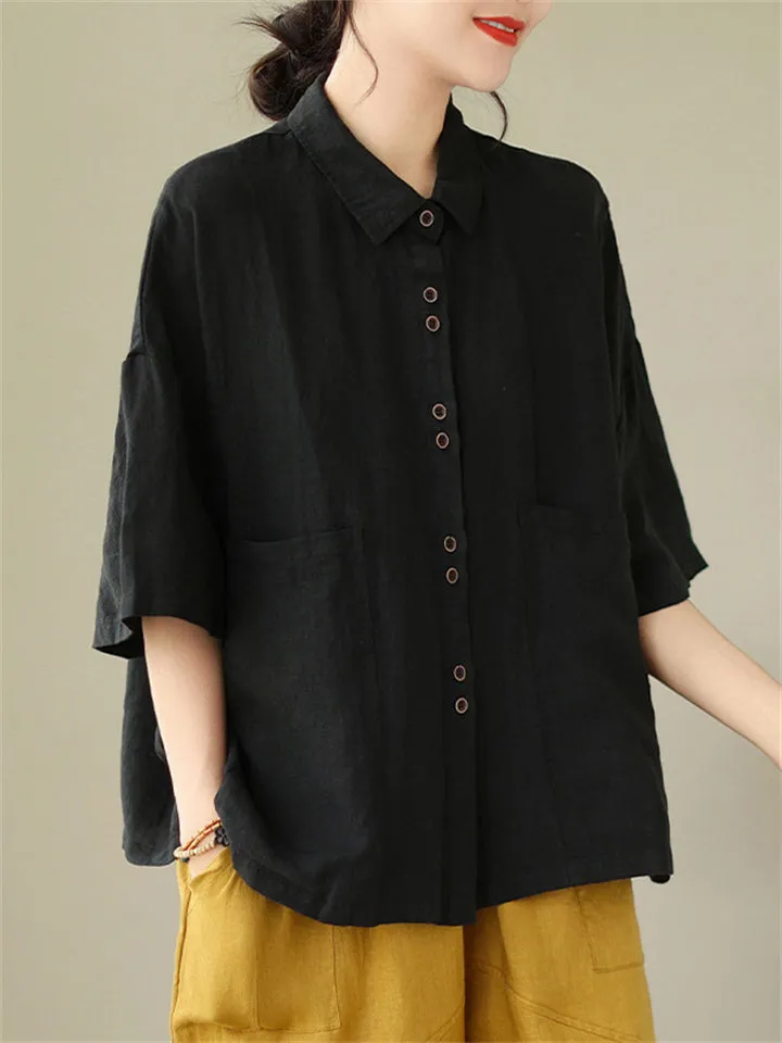 Female Chic Turn-down Collar Button Up Shirt with Pockets