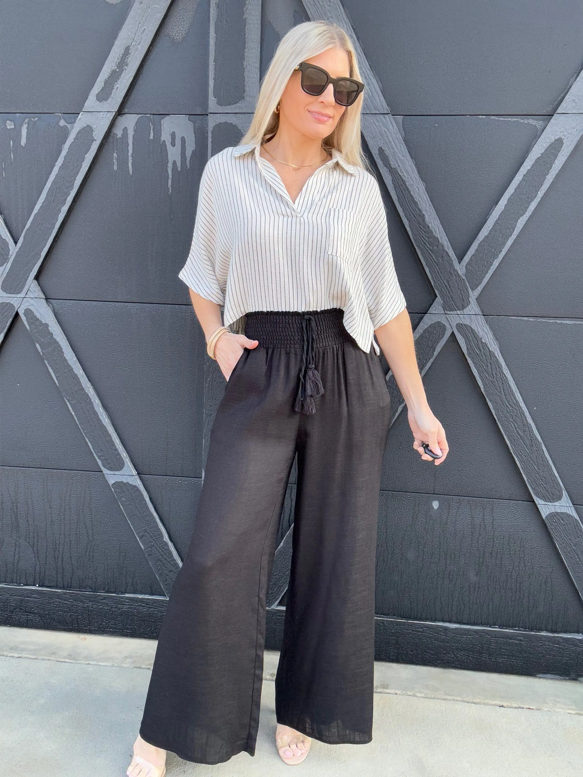Flowy Straight Leg Tassel Pants In Black