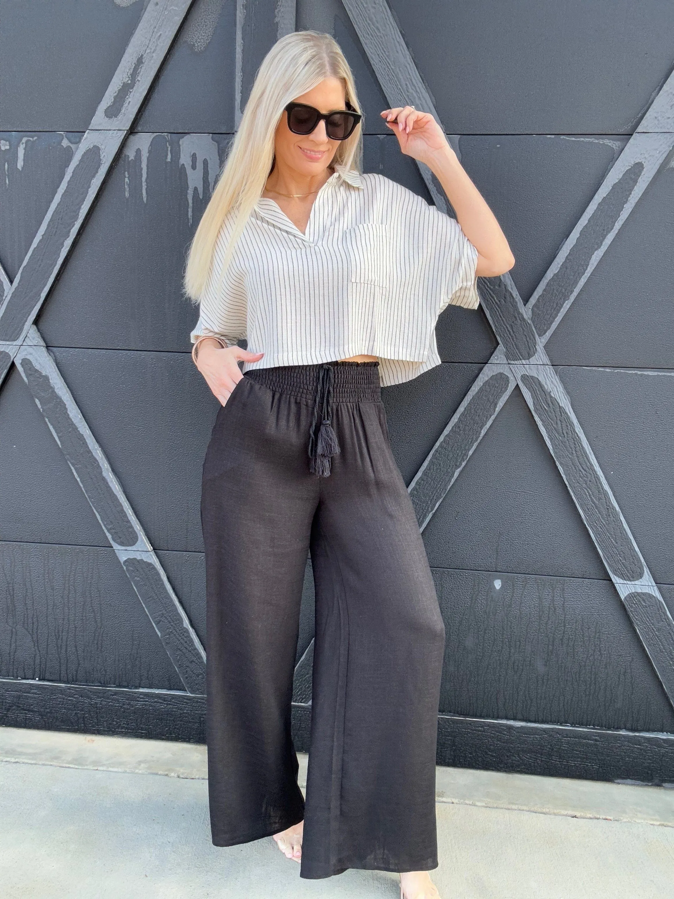 Flowy Straight Leg Tassel Pants In Black