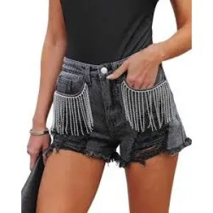 Frayed Rhinestone Denim Shorts
