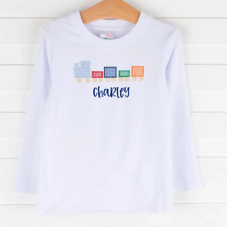 Gingham Train Applique Long Sleeve Shirt, White