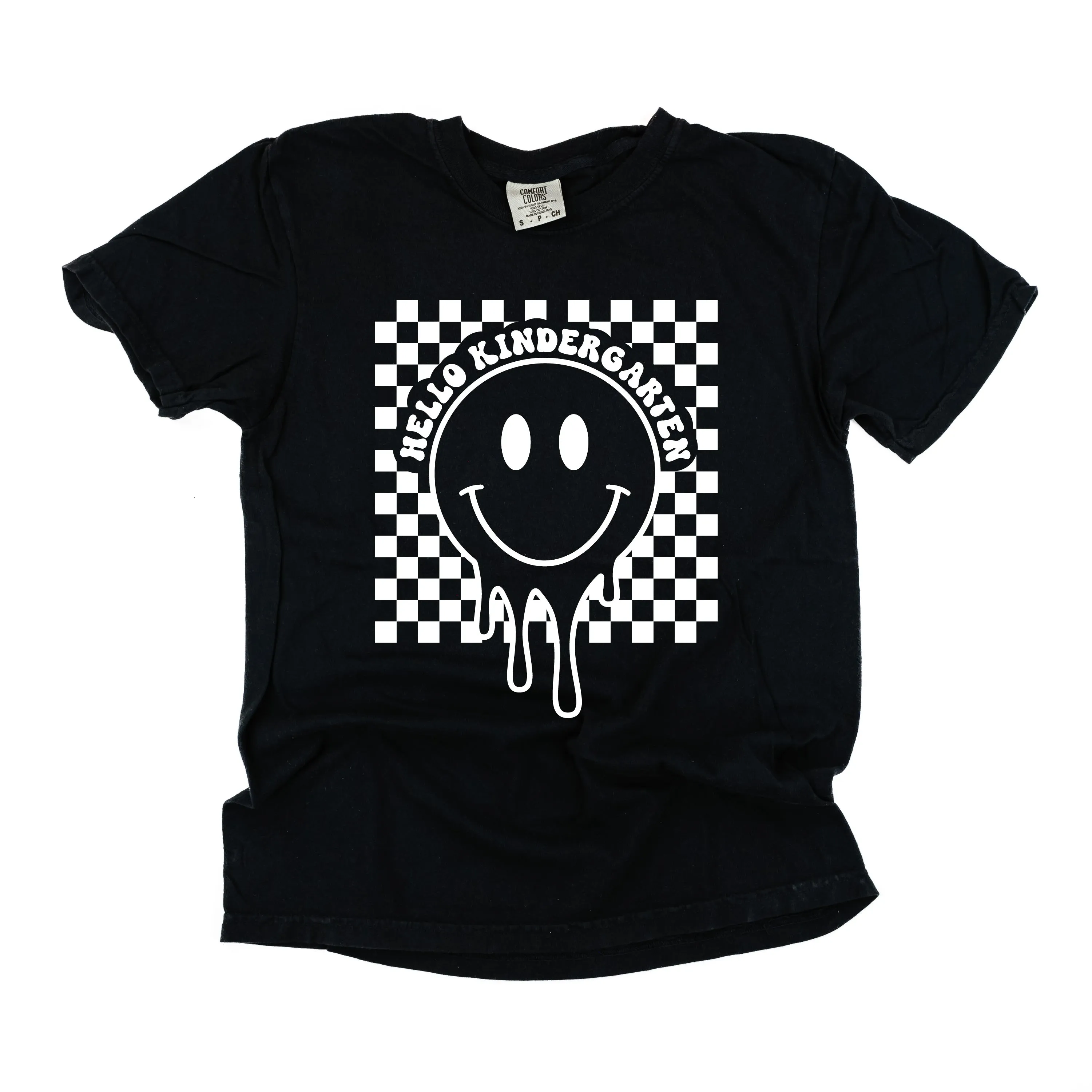 Hello Kindergarten - Checker Smiley - SHORT SLEEVE COMFORT COLORS TEE