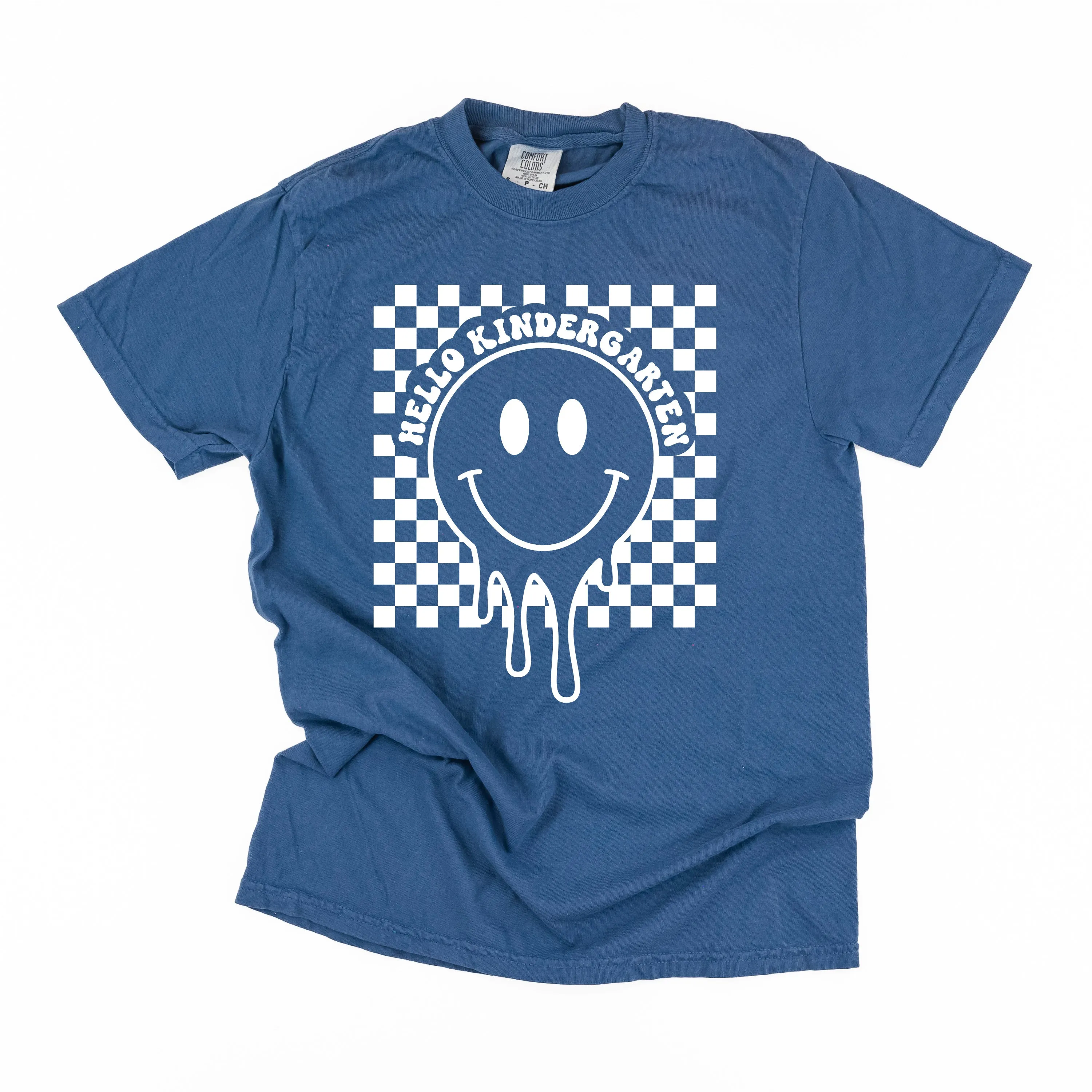 Hello Kindergarten - Checker Smiley - SHORT SLEEVE COMFORT COLORS TEE