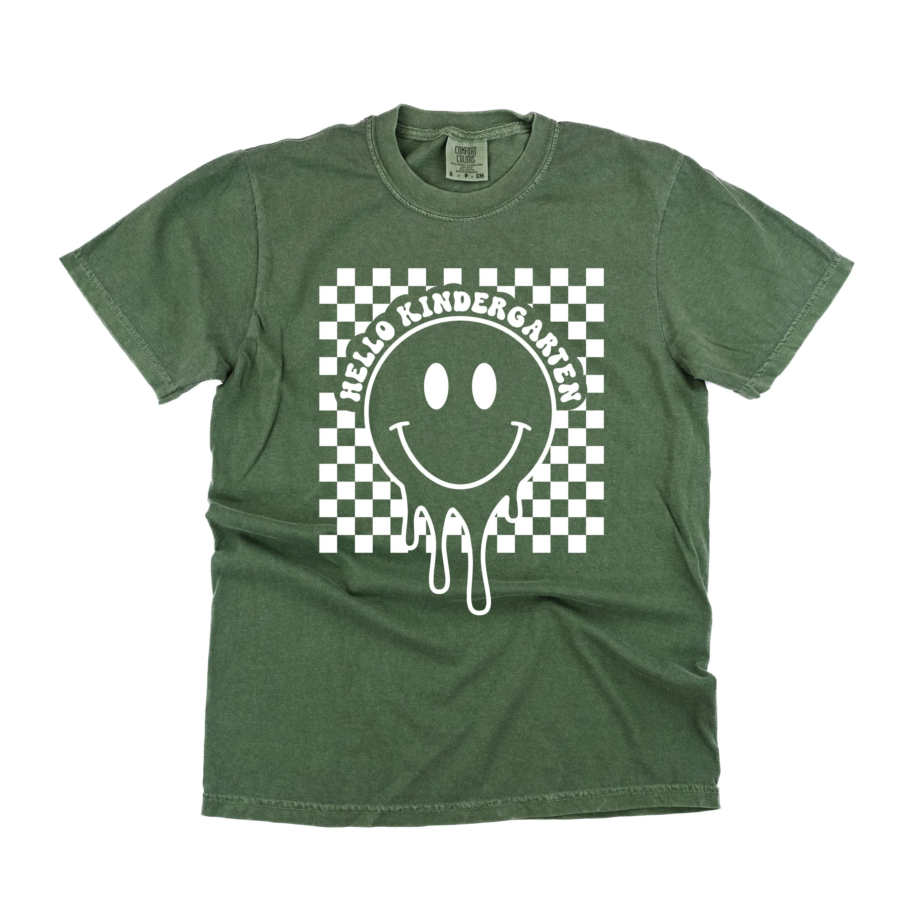 Hello Kindergarten - Checker Smiley - SHORT SLEEVE COMFORT COLORS TEE