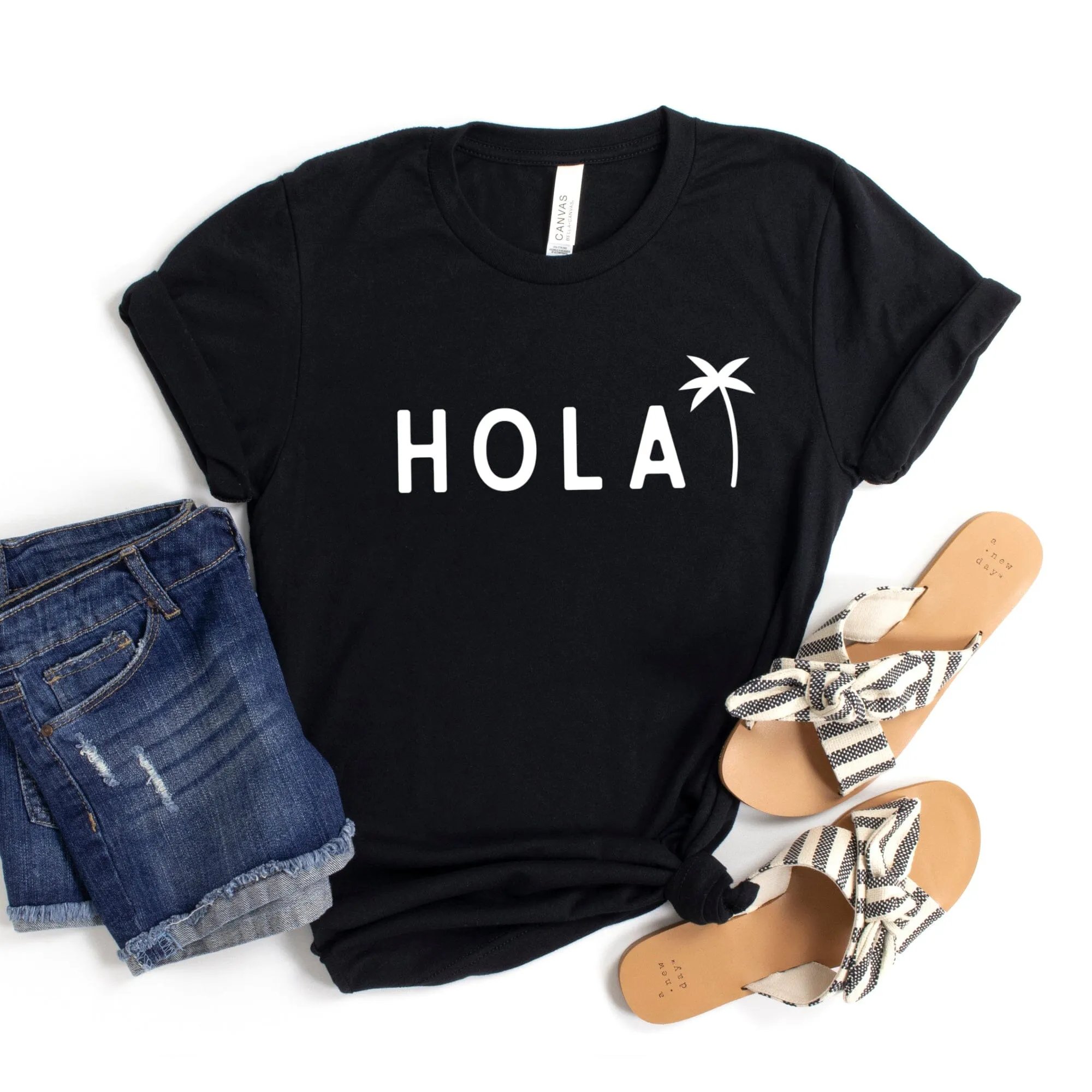 Hola T Shirt with Palm Tree in Black