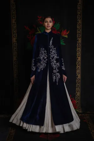 Indigo Long Velvet Jacket with Embroidery