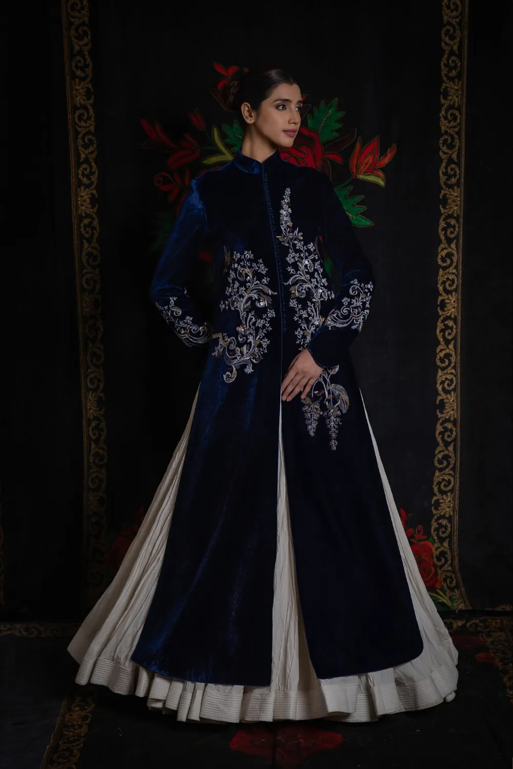 Indigo Long Velvet Jacket with Embroidery