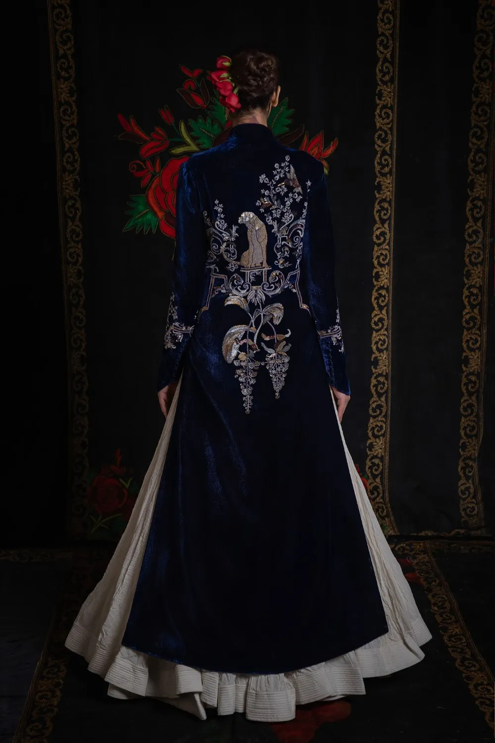 Indigo Long Velvet Jacket with Embroidery