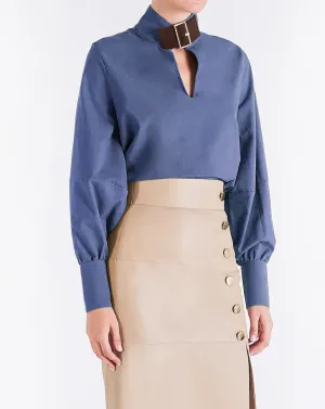 Jocelyn BUCKLE-NECK TOP - INDIGO/BROWN