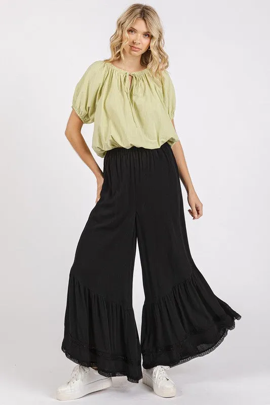 Lace Ruffle Asymmetric Hem Pants