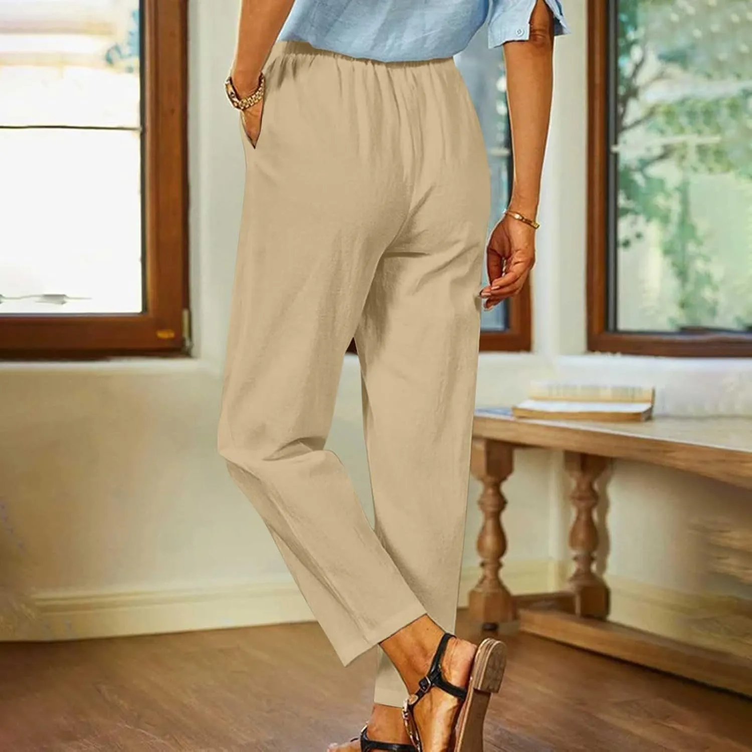 Lastesso Casual Pants for Women Lightweight Cotton Linen Straight Trousers Relaxed Size Cozy Beach Summer Lounge Outfits