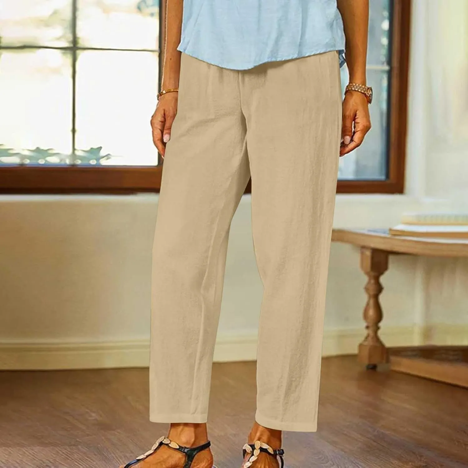 Lastesso Casual Pants for Women Lightweight Cotton Linen Straight Trousers Relaxed Size Cozy Beach Summer Lounge Outfits