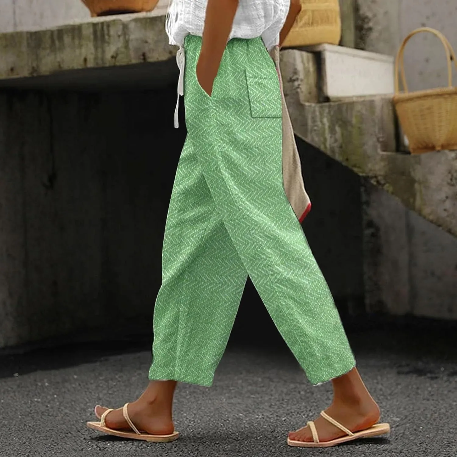 LCMTWX Vacation Linen Outfits for Women Pants Capri Pants 2025 Pants with Pockets Wide Leg Cropped Pants Trousers Pants for