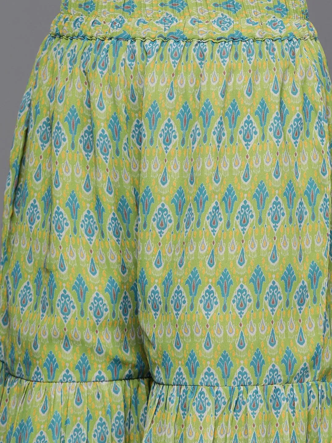 Lime Green Printed Georgette A-Line Kurta With Sharara & Dupatta